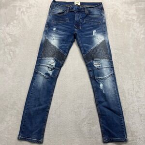 KDNK Jeans Mens 30x30 Blue Distressed Moto Slim Fit Streetwear Stretch Denim